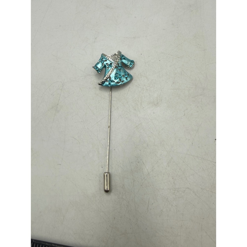 Vintage Blue Enamel Dress Stick Pin Rhinestone Silver Tone Novelty Lapel Hat Pin